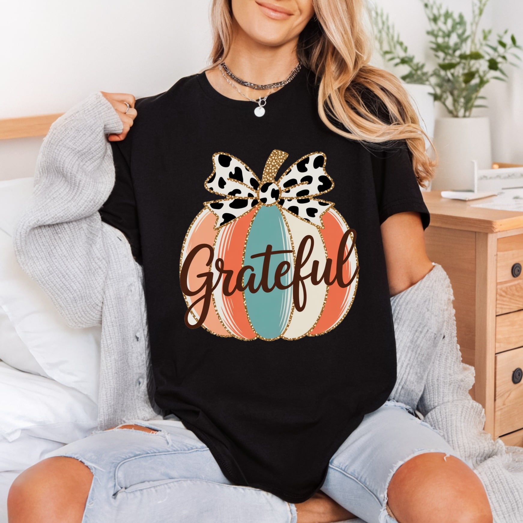 Grateful Pumpkin Leopard Bow Thanksgiving Fall Ready to Press DTF Transfer for Dtf
