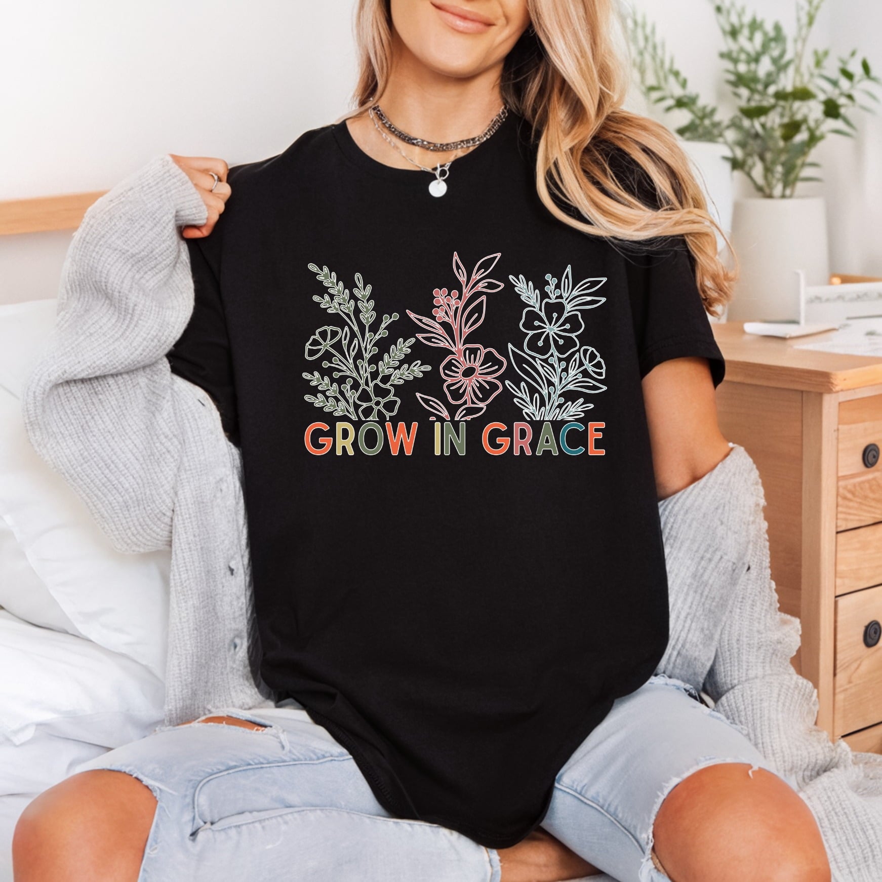 Grow Grace Outline Floral Christian Faith Ready to Press DTF Transfer for Dtf