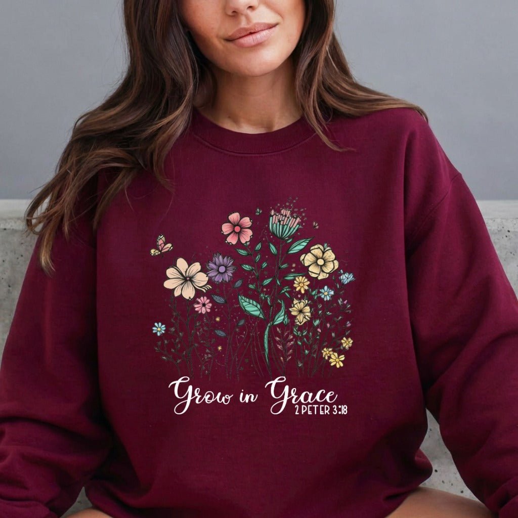 Grow in Grace | Floral Scripture Sweatshirt - Luckets.com