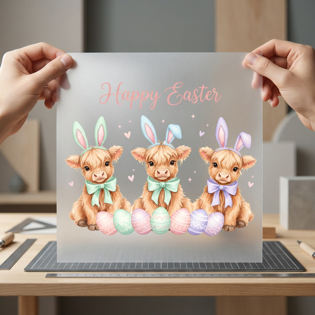 Happy Easter Highland Cows Easter Spring Ready to Press DTF Transfer for Dtf