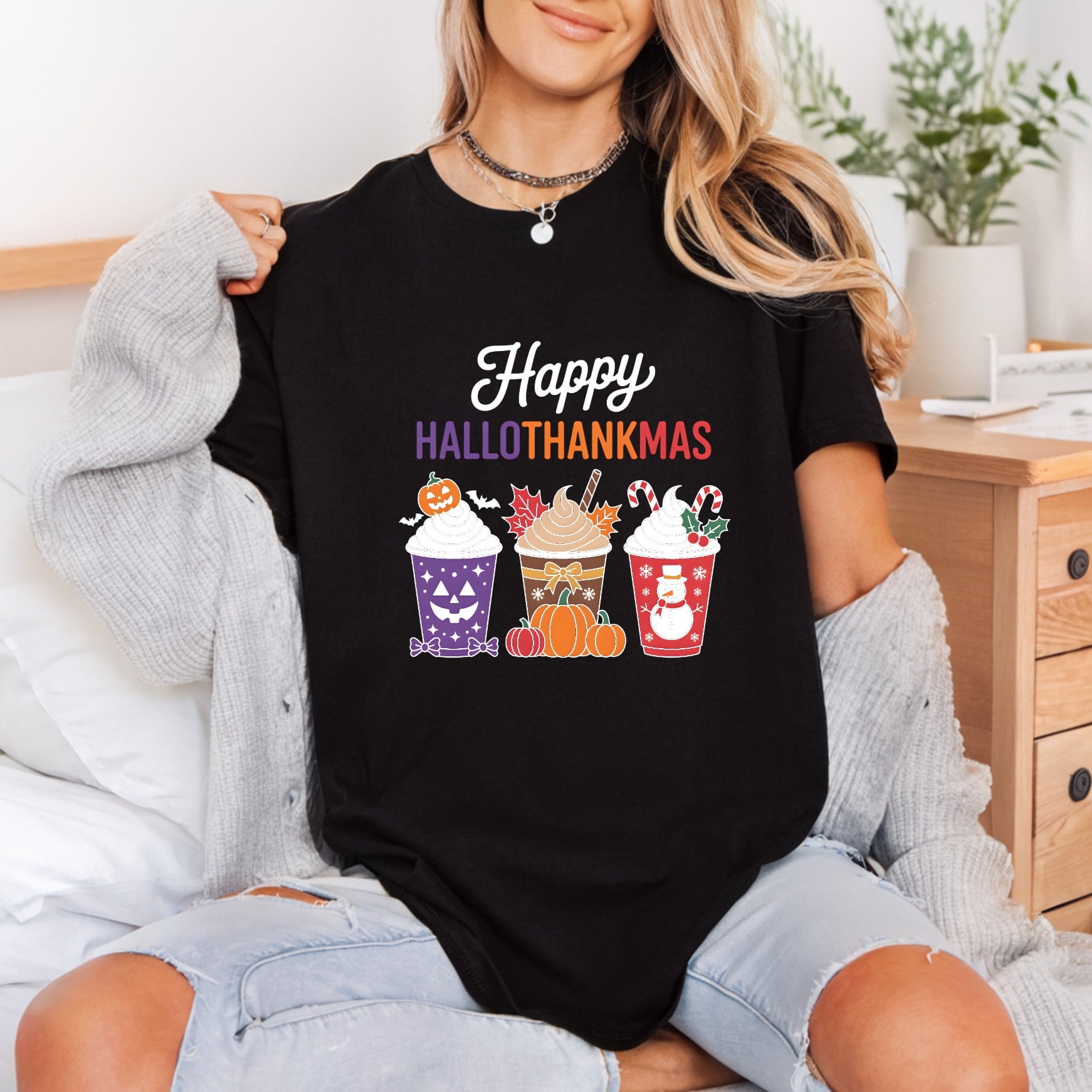 Happy Hallothankmas Drinks Holiday Halloween Christmas Ready to Press DTF Transfer for Dtf