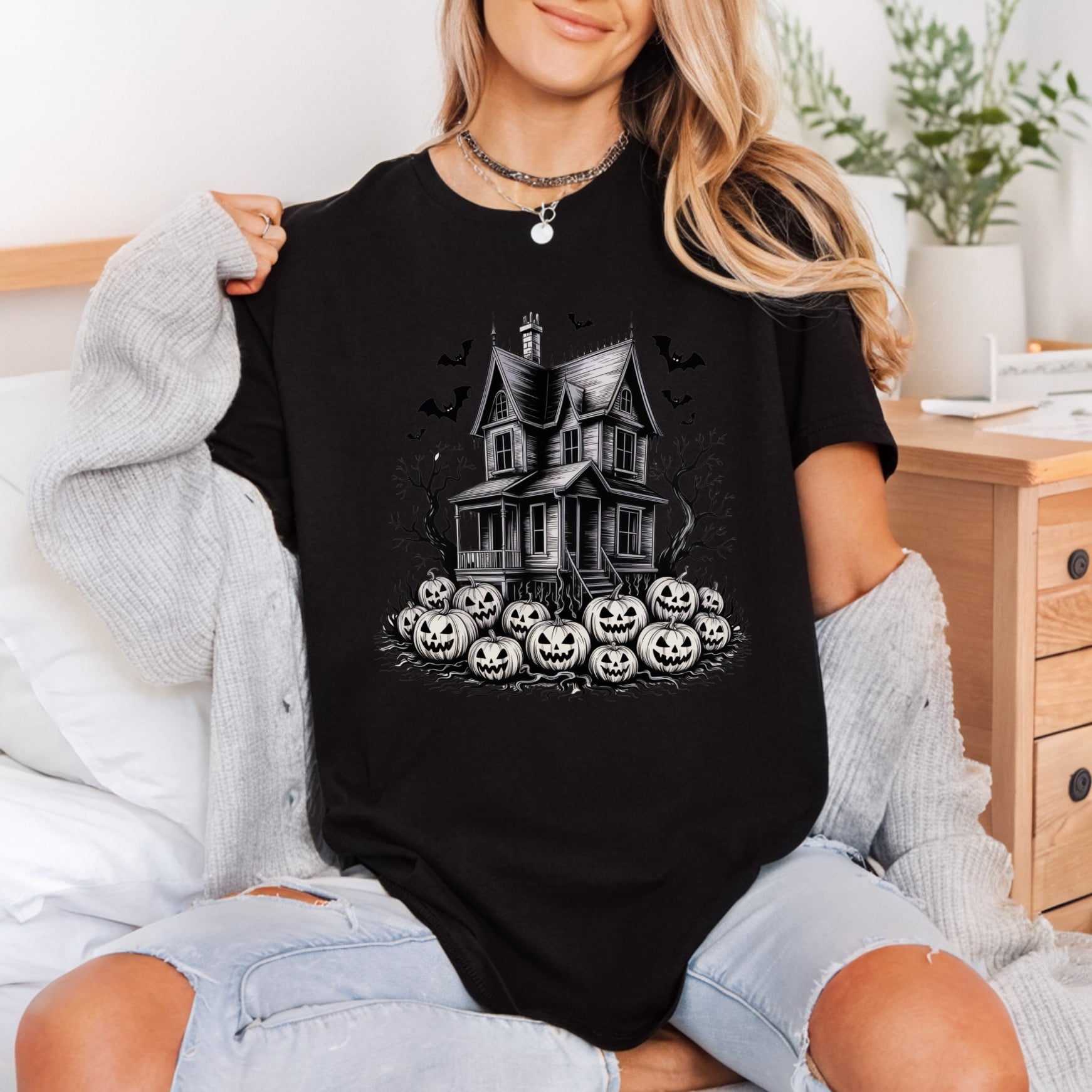 Haunted House Pumpkins Spooky Halloween Vintage Ready to Press DTF Transfer for Dtf
