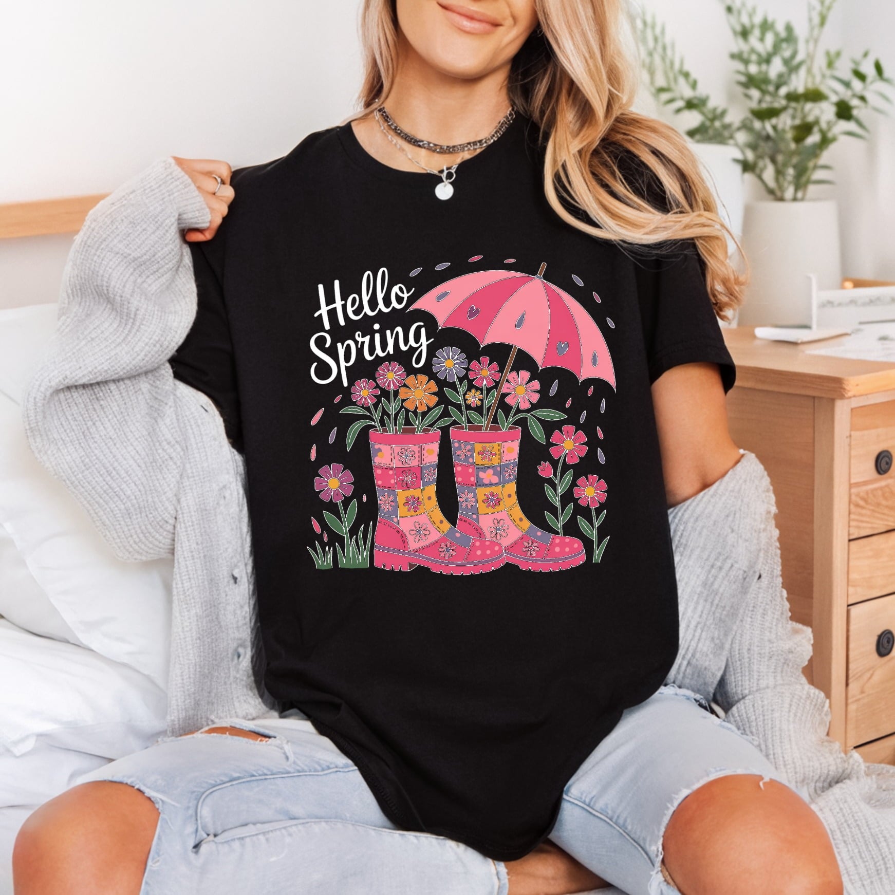 Hello Spring Wellies Floral Spring Floral Ready to Press DTF Transfer for Dtf