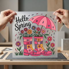 Hello Spring Wellies Floral Spring Floral Ready to Press DTF Transfer for Dtf