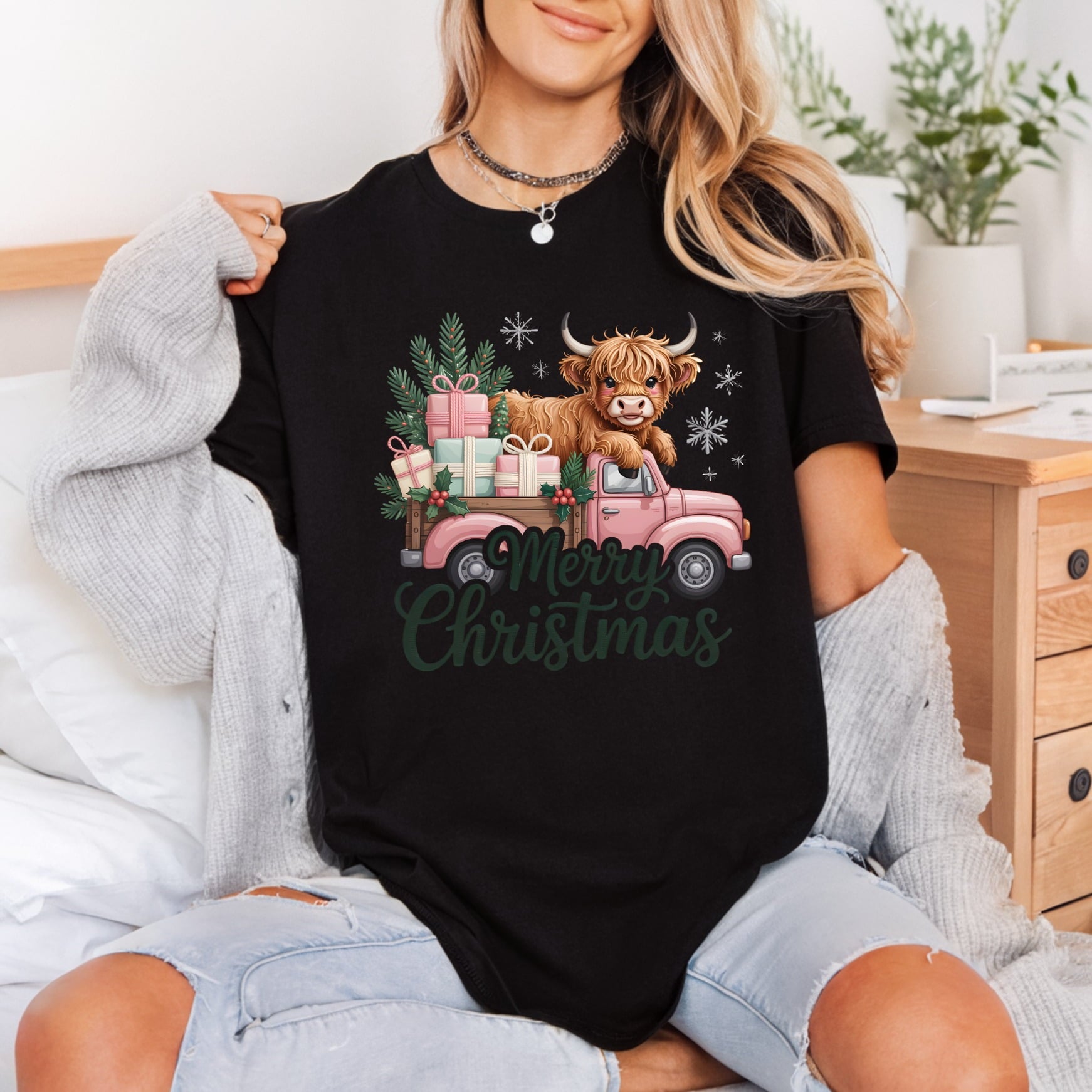 Highland Cow Christmas Truck Christmas Pet Ready to Press DTF Transfer for Dtf