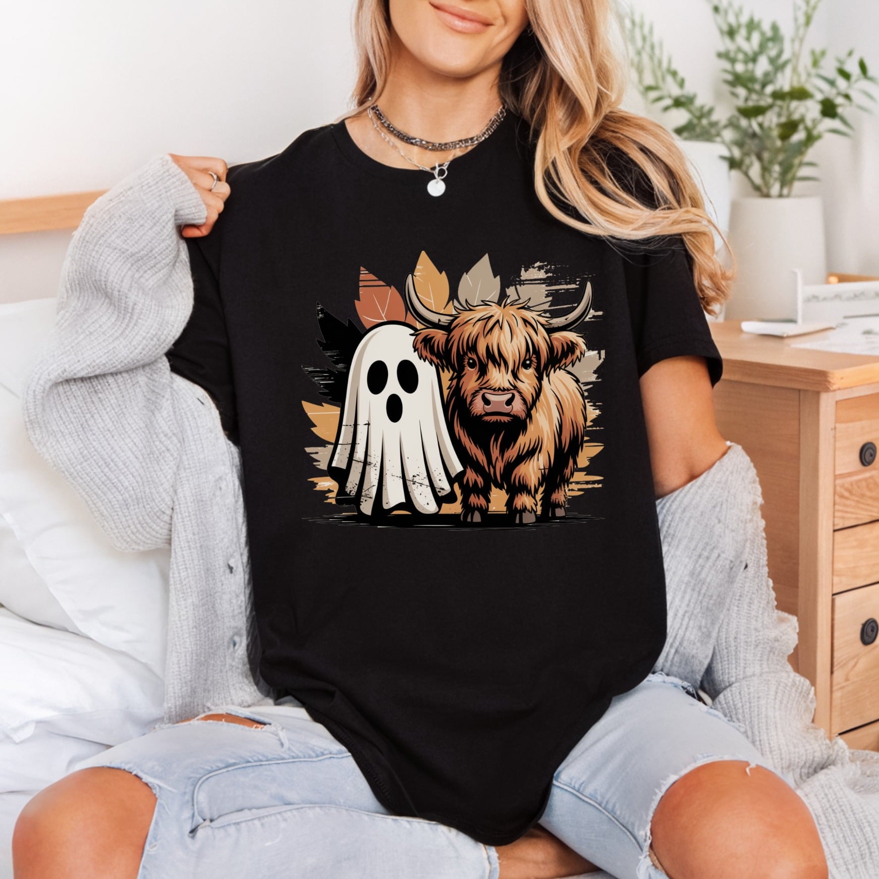 Highland Cow Ghost Halloween Halloween Vintage Ready to Press DTF Transfer for Dtf