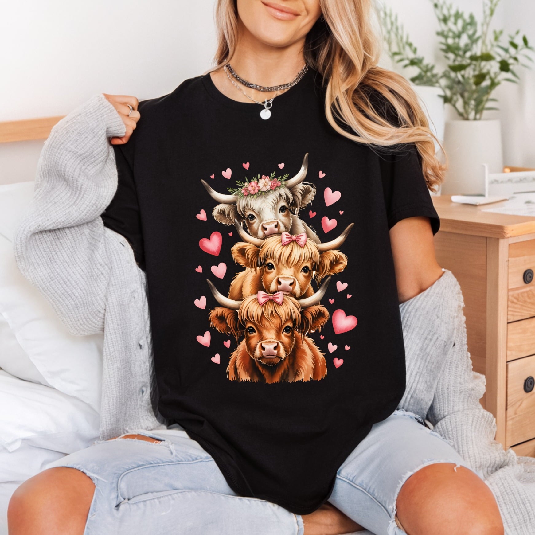 Highland Cow Stack Hearts Valentine Country Ready to Press DTF Transfer for Dtf