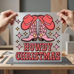 Howdy Christmas Western Boots Usa Christmas Ready to Press DTF Transfer for Dtf