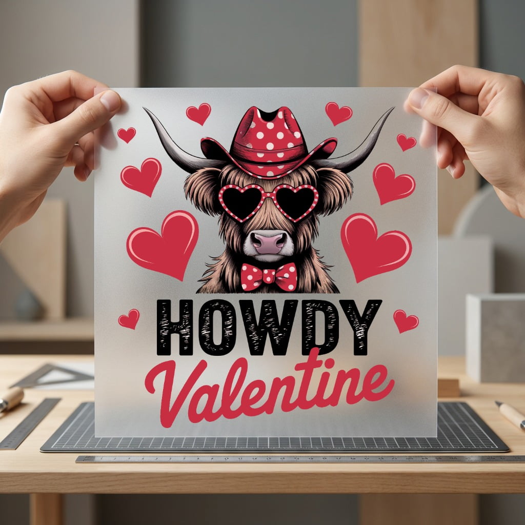 Howdy Valentine Highland Cow Valentine Pet Ready to Press DTF Transfer for Dtf