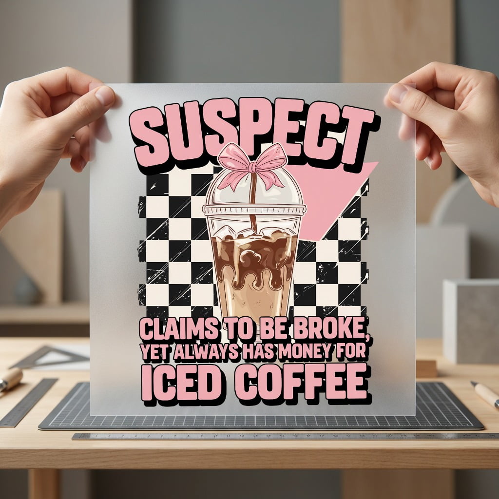 Iced Coffee Suspect Retro Funny Sarcastic Ready to Press DTF Transfer for Dtf