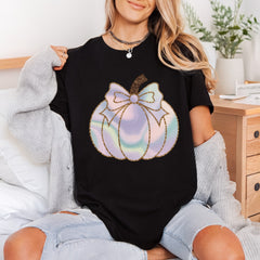 Iridescent Bow Pumpkin Pastel Halloween Thanksgiving Ready to Press DTF Transfer for Dtf