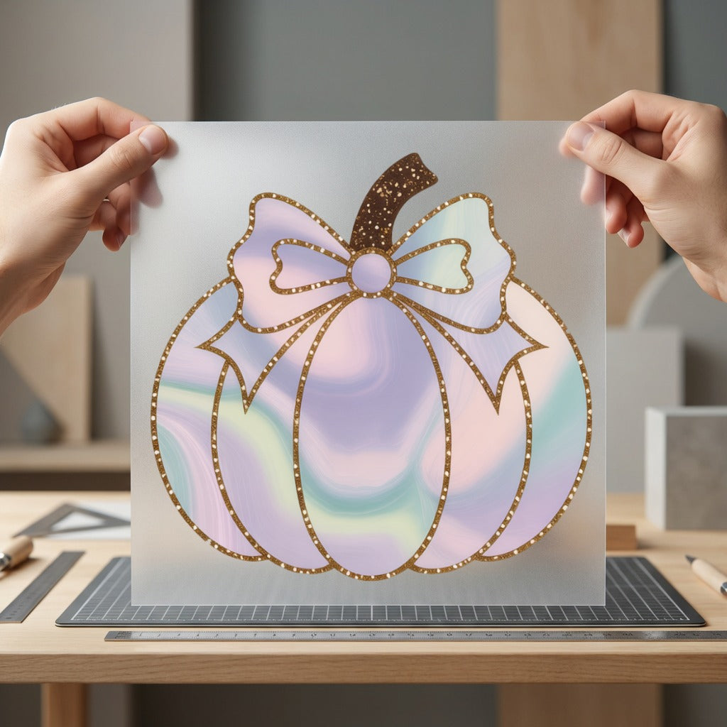 Iridescent Bow Pumpkin Pastel Halloween Thanksgiving Ready to Press DTF Transfer for Dtf