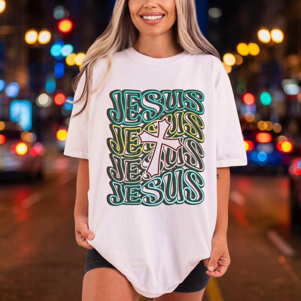 Jesus Cross Outline Retro Christian Faith Ready to Press DTF Transfer for Dtf