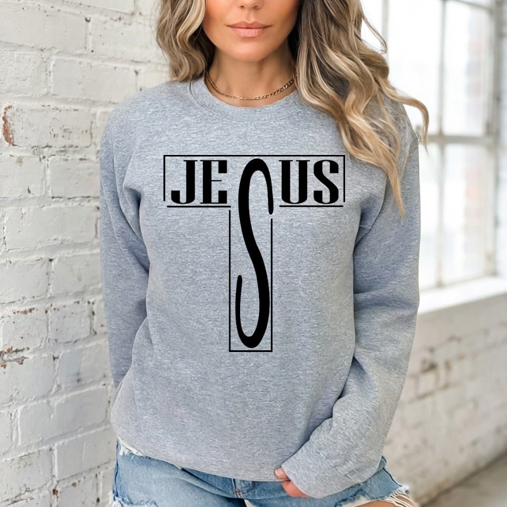JESUS Letter Cross | Bold Faith Statement Sweatshirt - Luckets.com