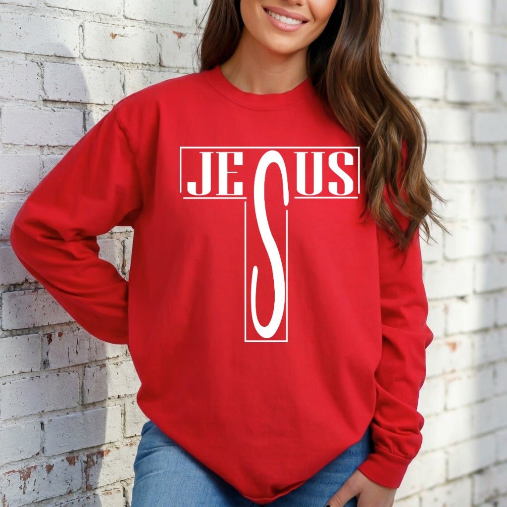 JESUS Letter Cross | Bold Faith Statement Sweatshirt - Luckets.com