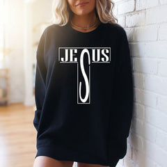 JESUS Letter Cross | Bold Faith Statement Sweatshirt - Luckets.com