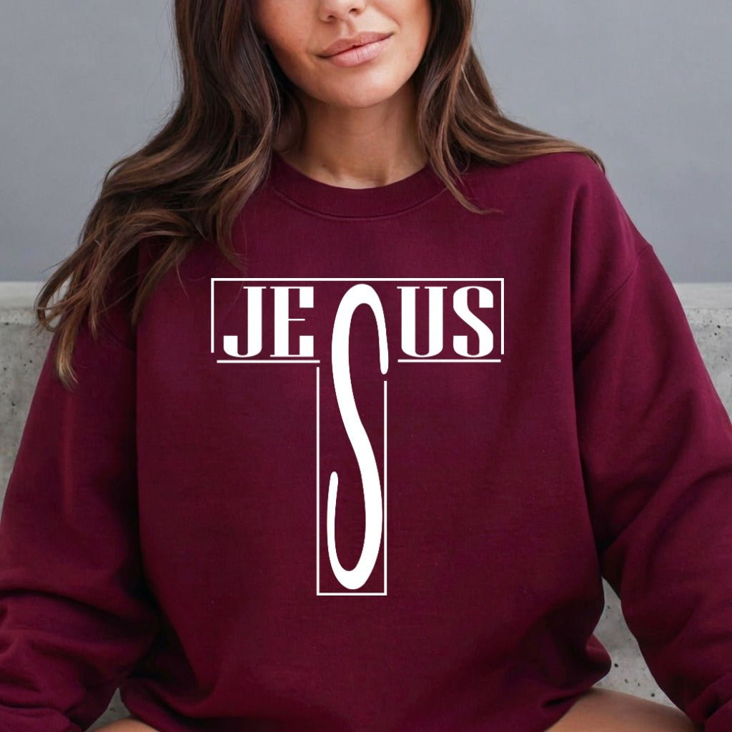 JESUS Letter Cross | Bold Faith Statement Sweatshirt - Luckets.com