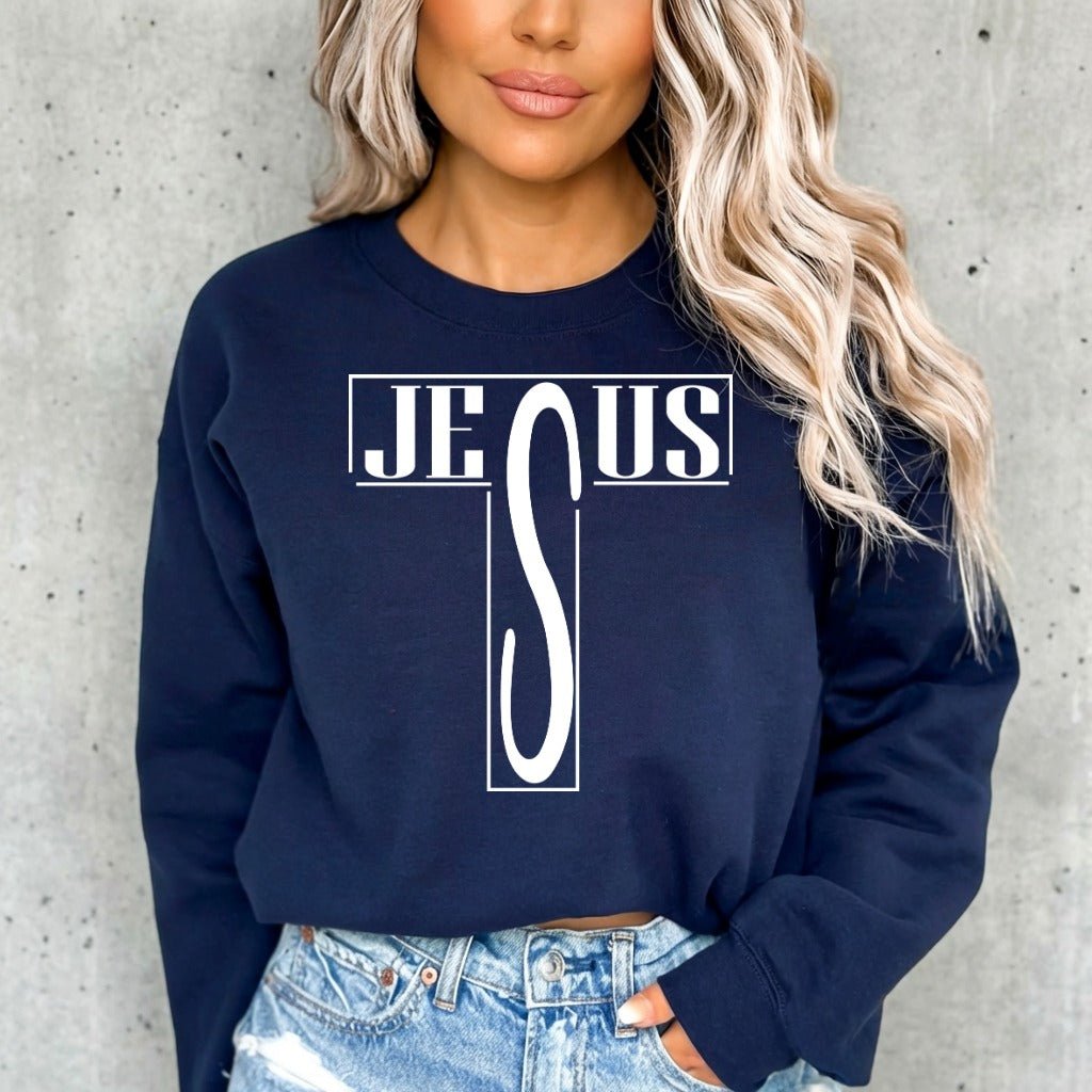 JESUS Letter Cross | Bold Faith Statement Sweatshirt - Luckets.com