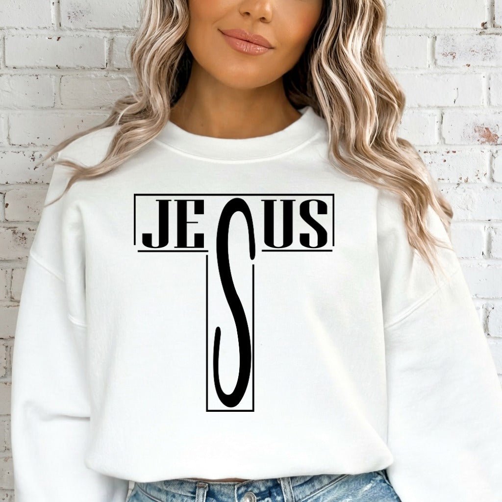 JESUS Letter Cross | Bold Faith Statement Sweatshirt - Luckets.com