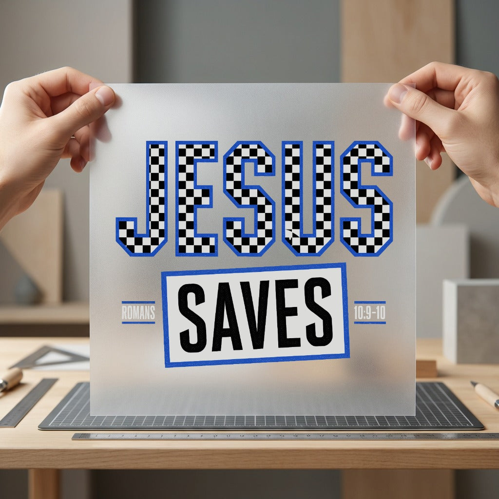 Jesus Saves Checkered Retro Christian Faith Ready to Press DTF Transfer for Dtf