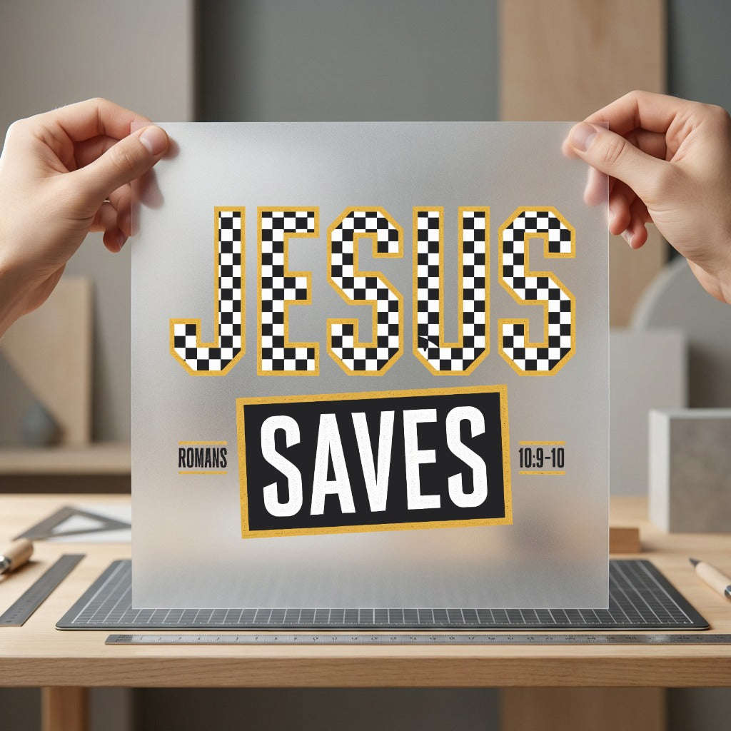 Jesus Saves Checkered Retro Christian Faith Ready to Press DTF Transfer for Dtf