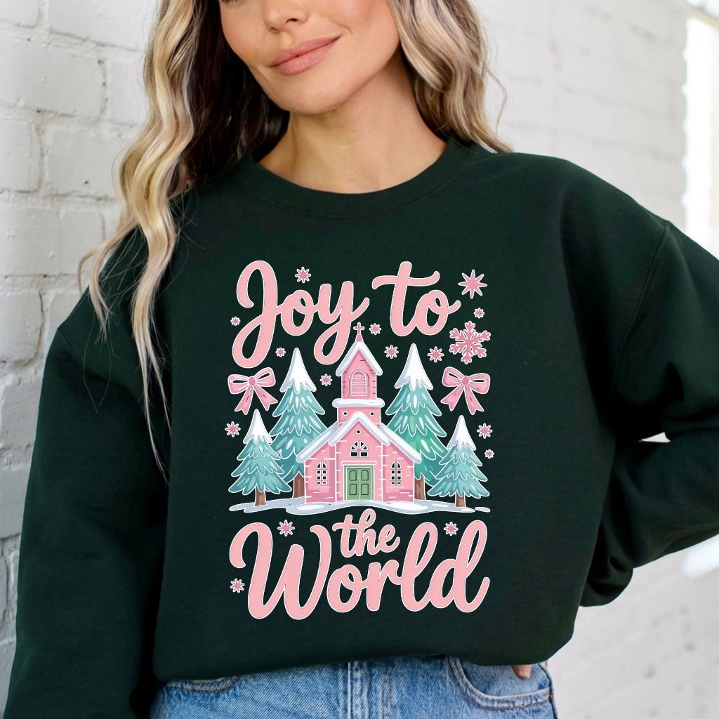 Joy to the World | Winter Church & Evergreen Sweatshirt - Luckets.com