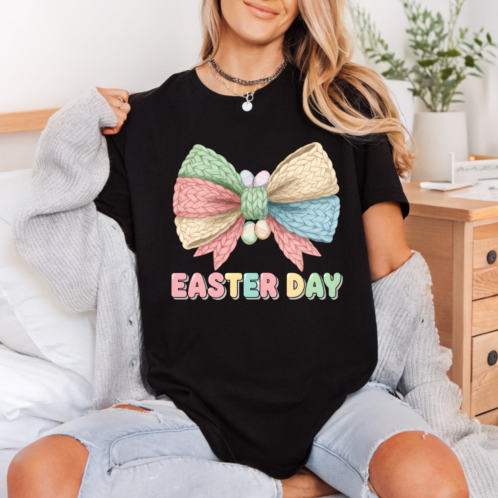 Knitted Pastel Easter Bow Easter Spring Ready to Press DTF Transfer for Dtf