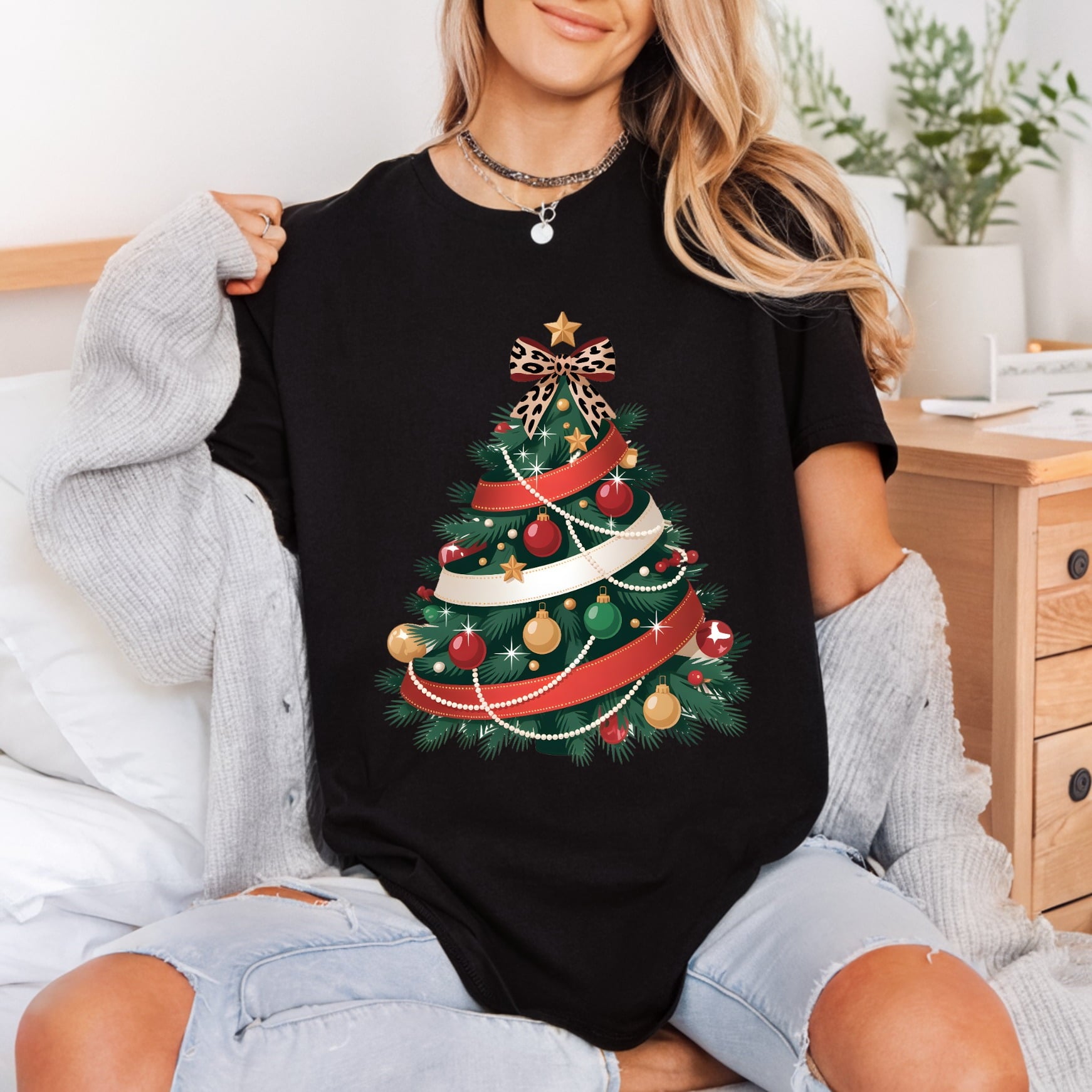 Leopard Bow Christmas Tree Christmas Leopard Ready to Press DTF Transfer for Dtf