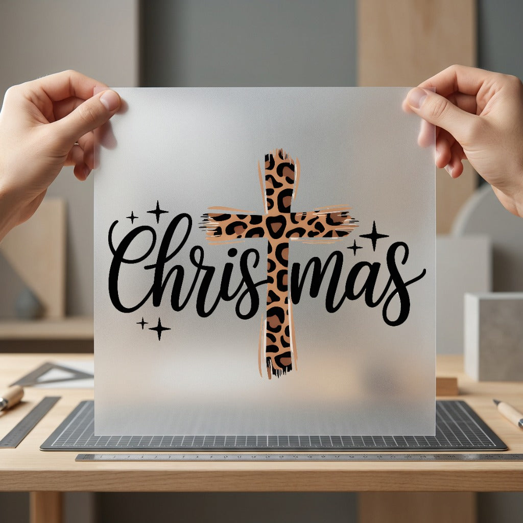 Leopard Cross Christmas Holiday Christian Faith Ready to Press DTF Transfer for Dtf