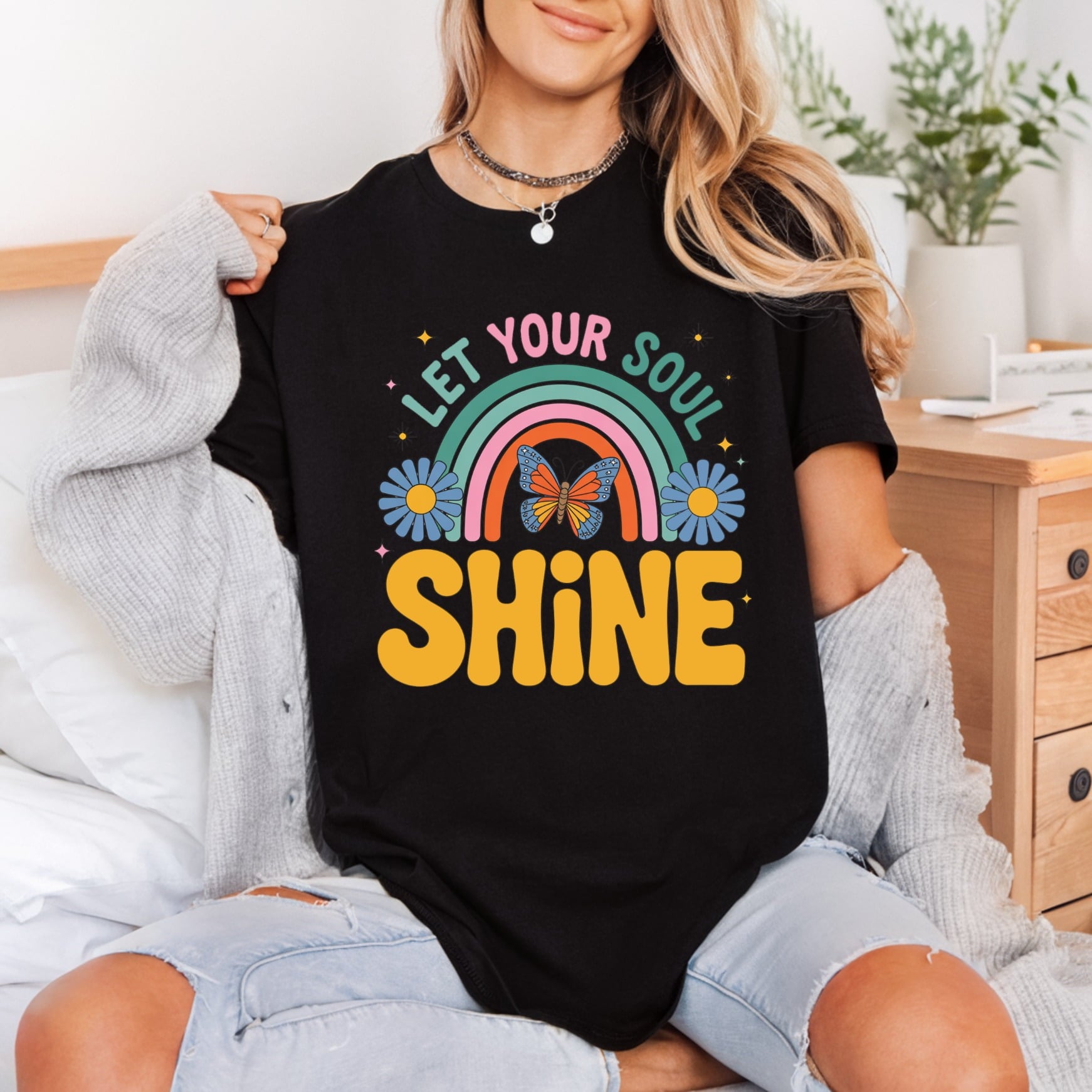 Let Soul Shine Rainbow Retro Boho Ready to Press DTF Transfer for Dtf
