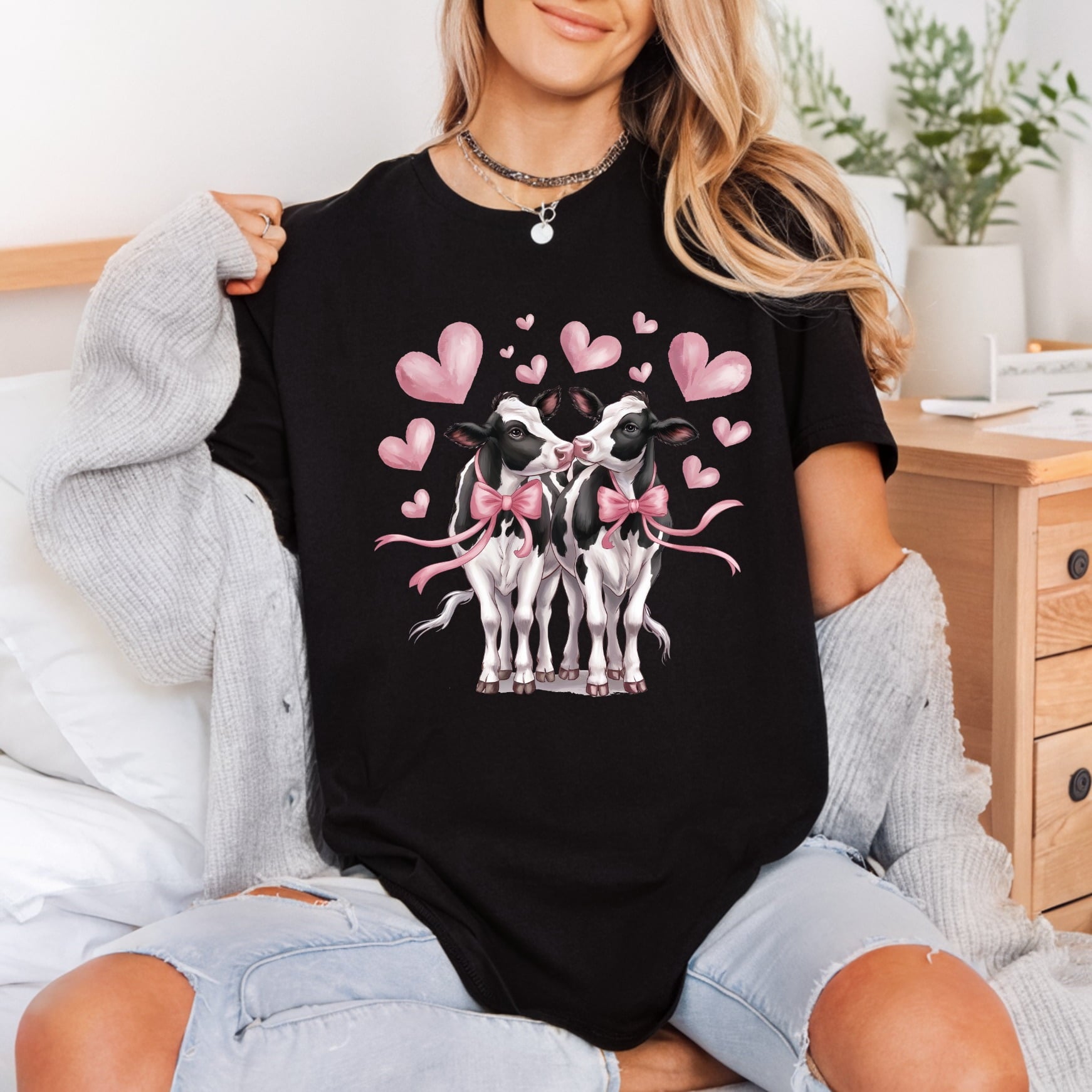 Love Cows Pink Hearts Valentine Pet Ready to Press DTF Transfer for Dtf