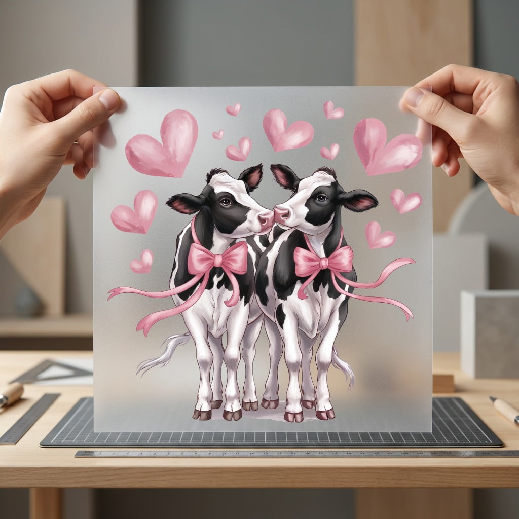 Love Cows Pink Hearts Valentine Pet Ready to Press DTF Transfer for Dtf