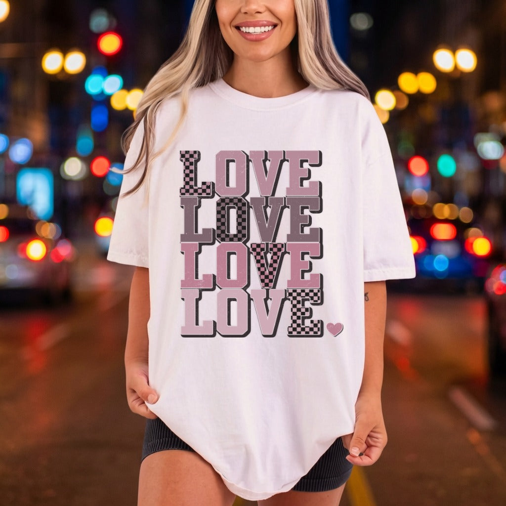 Love Stacked Checkered Retro Valentine Vintage Ready to Press DTF Transfer for Dtf