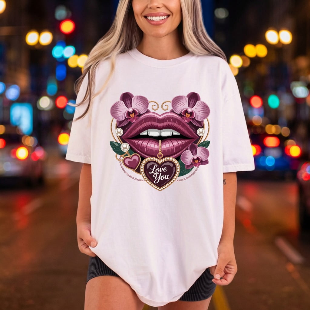 Love You Lips Orchid Valentine Ready to Press DTF Transfer for Dtf