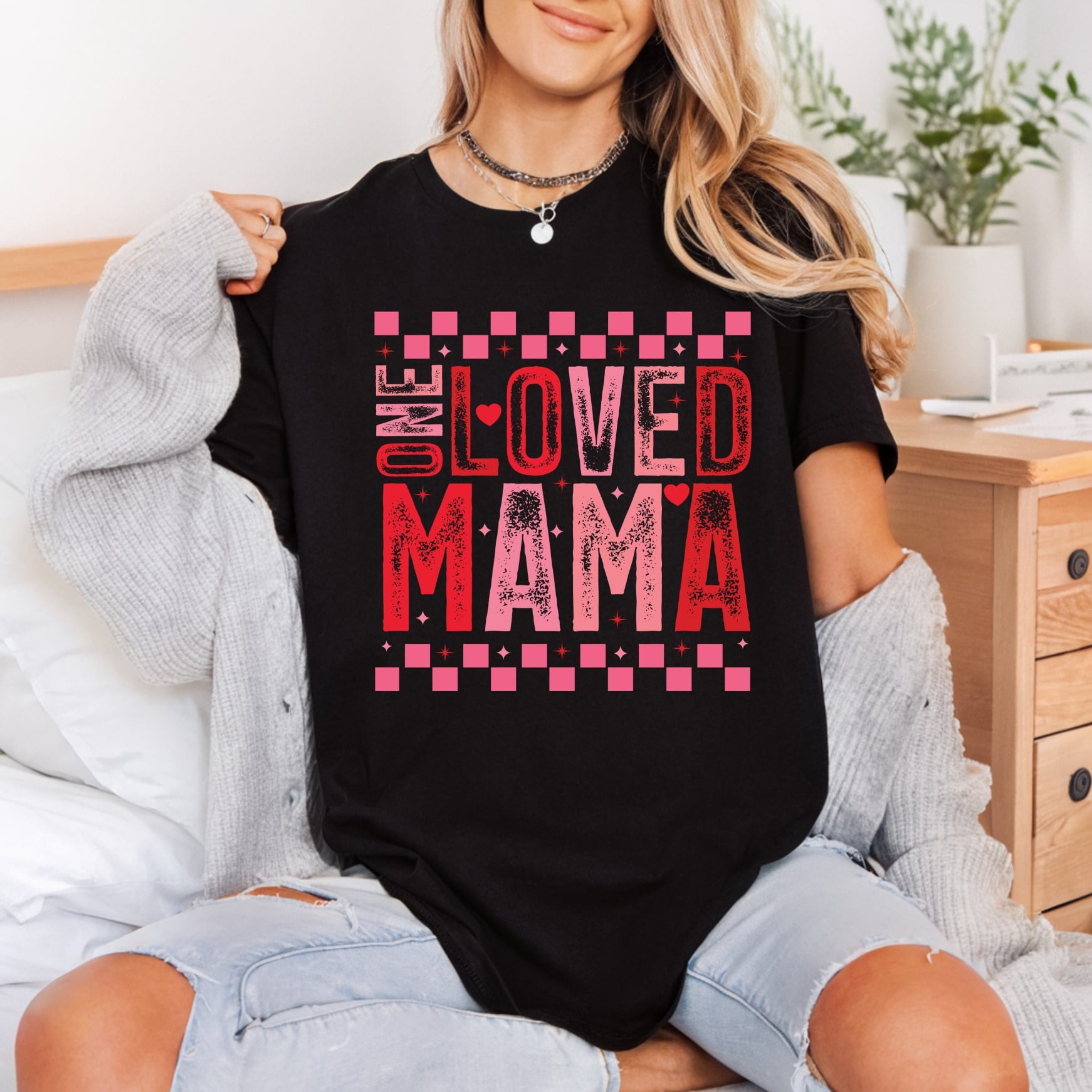 Loved Mama Retro Checkered Valentine Mom Ready to Press DTF Transfer for Dtf