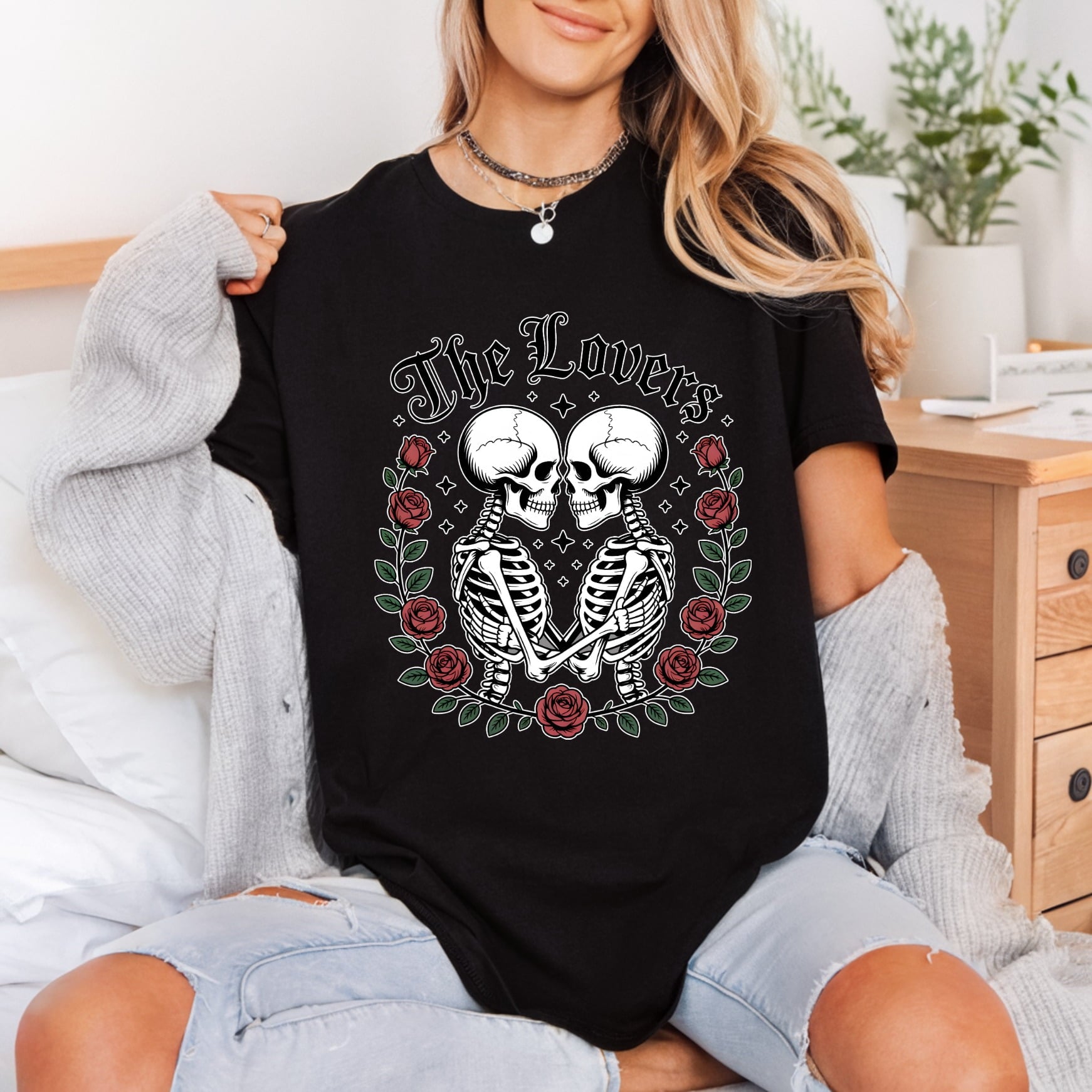 Lovers Skeletons Roses Romantic Halloween Valentine Ready to Press DTF Transfer for Dtf