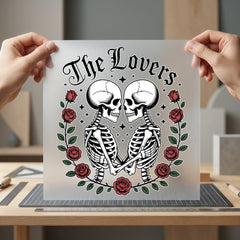 Lovers Skeletons Roses Romantic Halloween Valentine Ready to Press DTF Transfer for Dtf