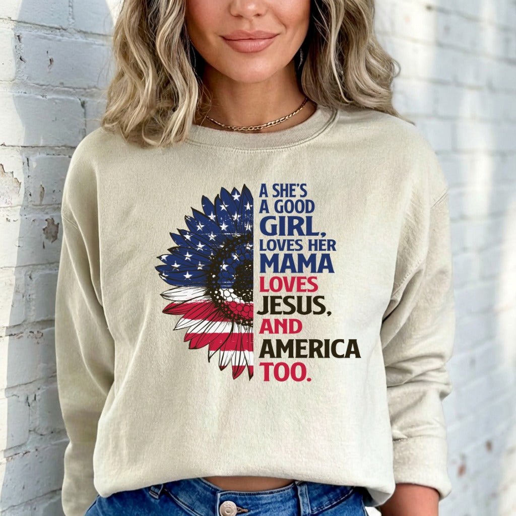 Loves Jesus & America | Patriotic Sunflower Sweatshirt - Luckets.com