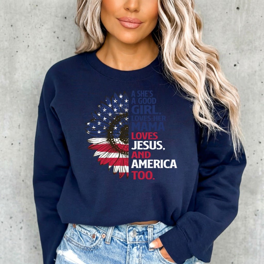 Loves Jesus & America | Patriotic Sunflower Sweatshirt - Luckets.com