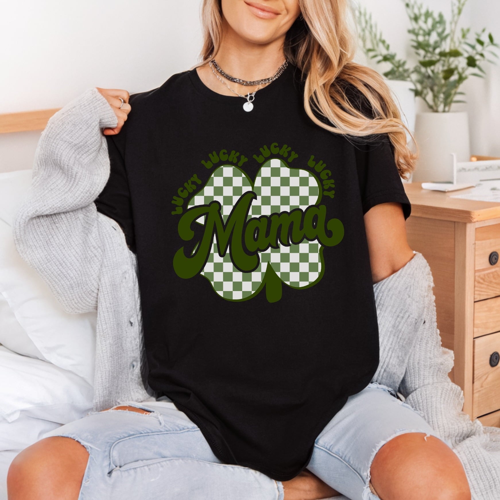 Lucky Mama Groovy Checkerboard Mom Mama Ready to Press DTF Transfer for Dtf