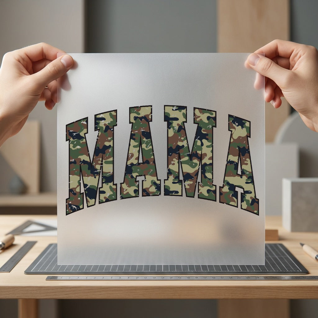 Mama Camouflage Arch Collegiate Mom Mama Ready to Press DTF Transfer for Dtf