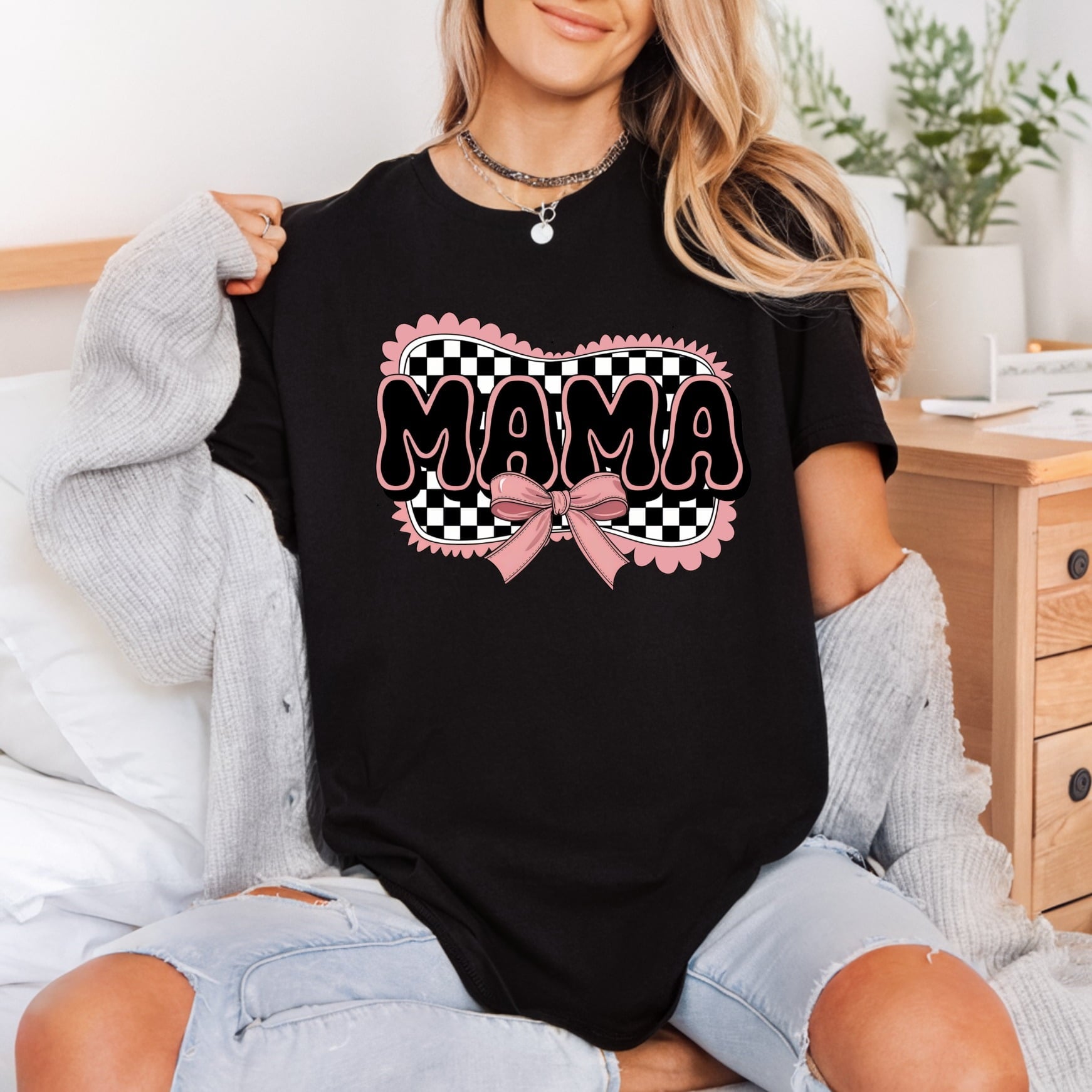 Mama Checkered Bow Retro Mom Mama Ready to Press DTF Transfer for Dtf