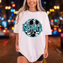Mama Cowprint Glitter Text Usa Mom Ready to Press DTF Transfer for Dtf