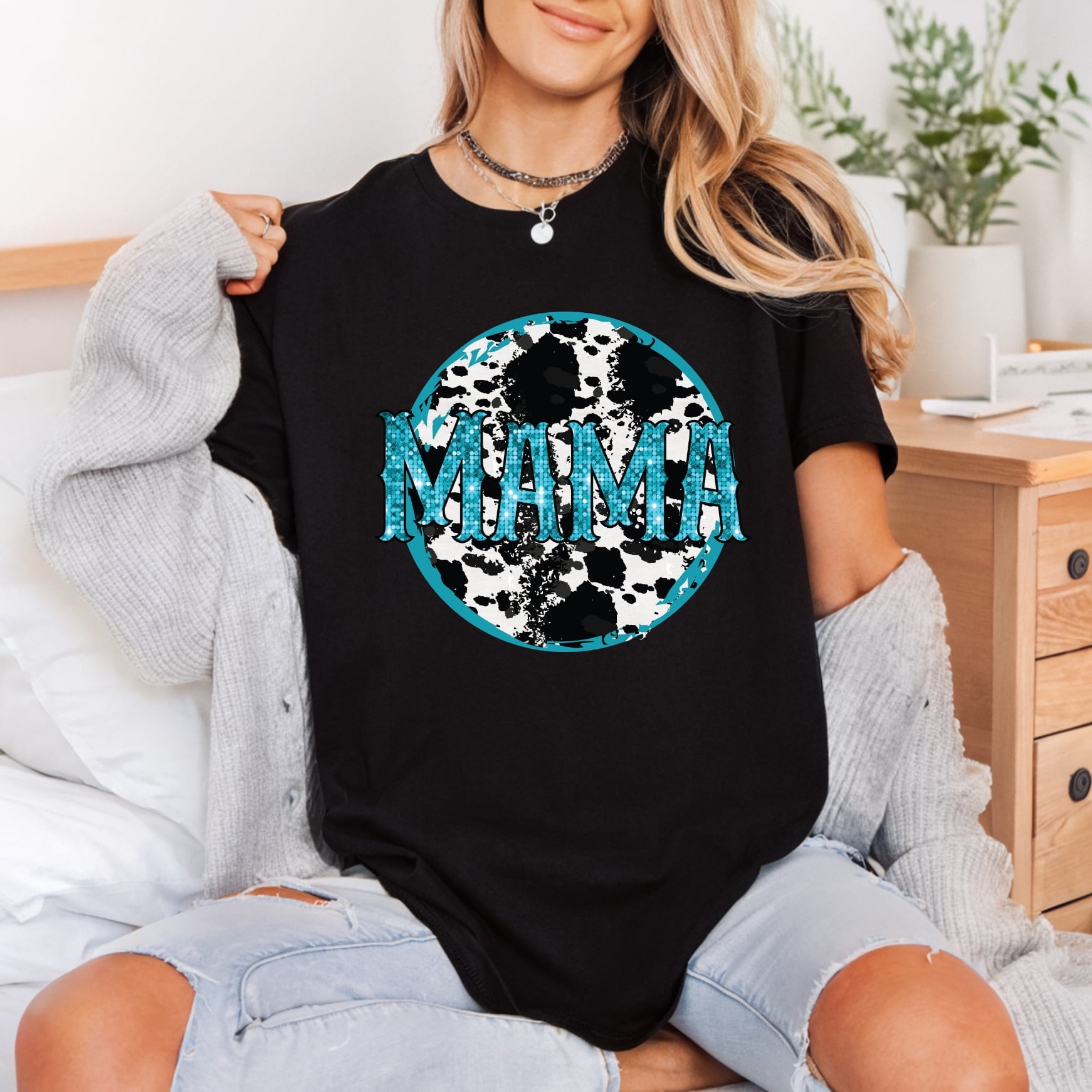 Mama Cowprint Glitter Text Usa Mom Ready to Press DTF Transfer for Dtf