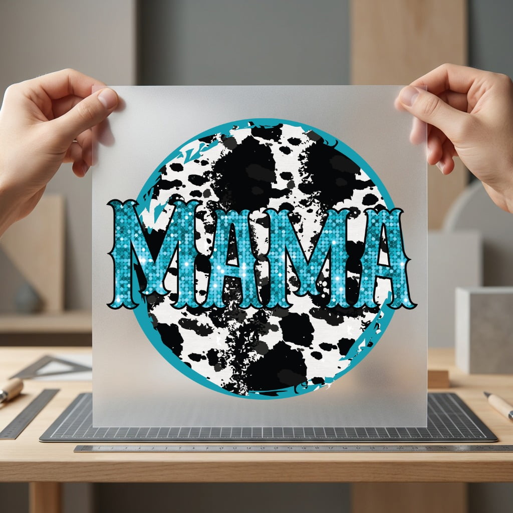 Mama Cowprint Glitter Text Usa Mom Ready to Press DTF Transfer for Dtf