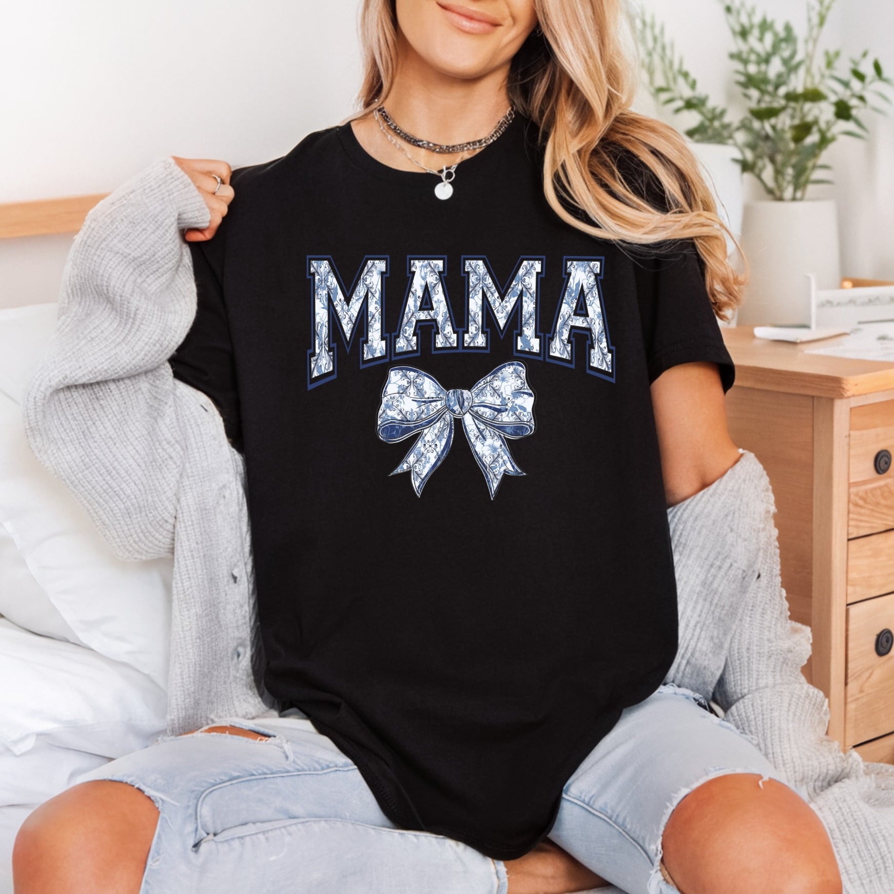 Mama Floral Bow Blue Mom Mama Ready to Press DTF Transfer for Dtf