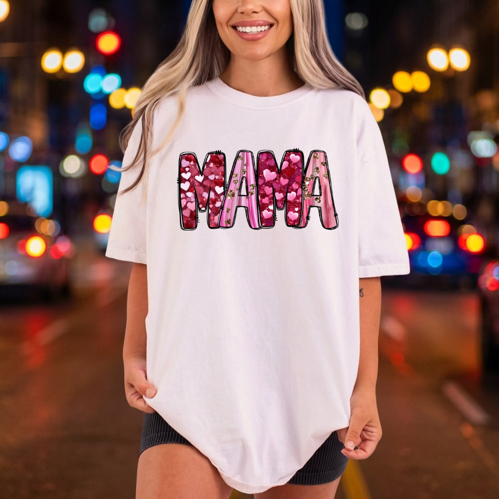 Mama Hearts Glitter Valentine Valentine Mom Ready to Press DTF Transfer for Dtf