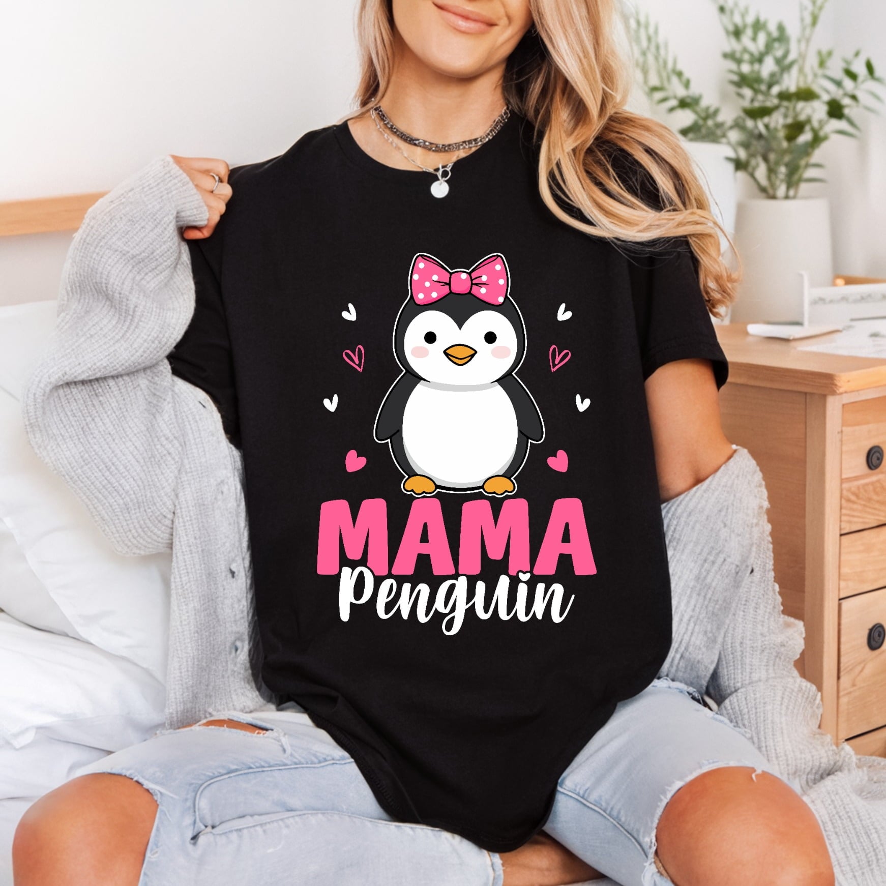 Mama Penguin Bow Diy Mom Mama Ready to Press DTF Transfer for Dtf