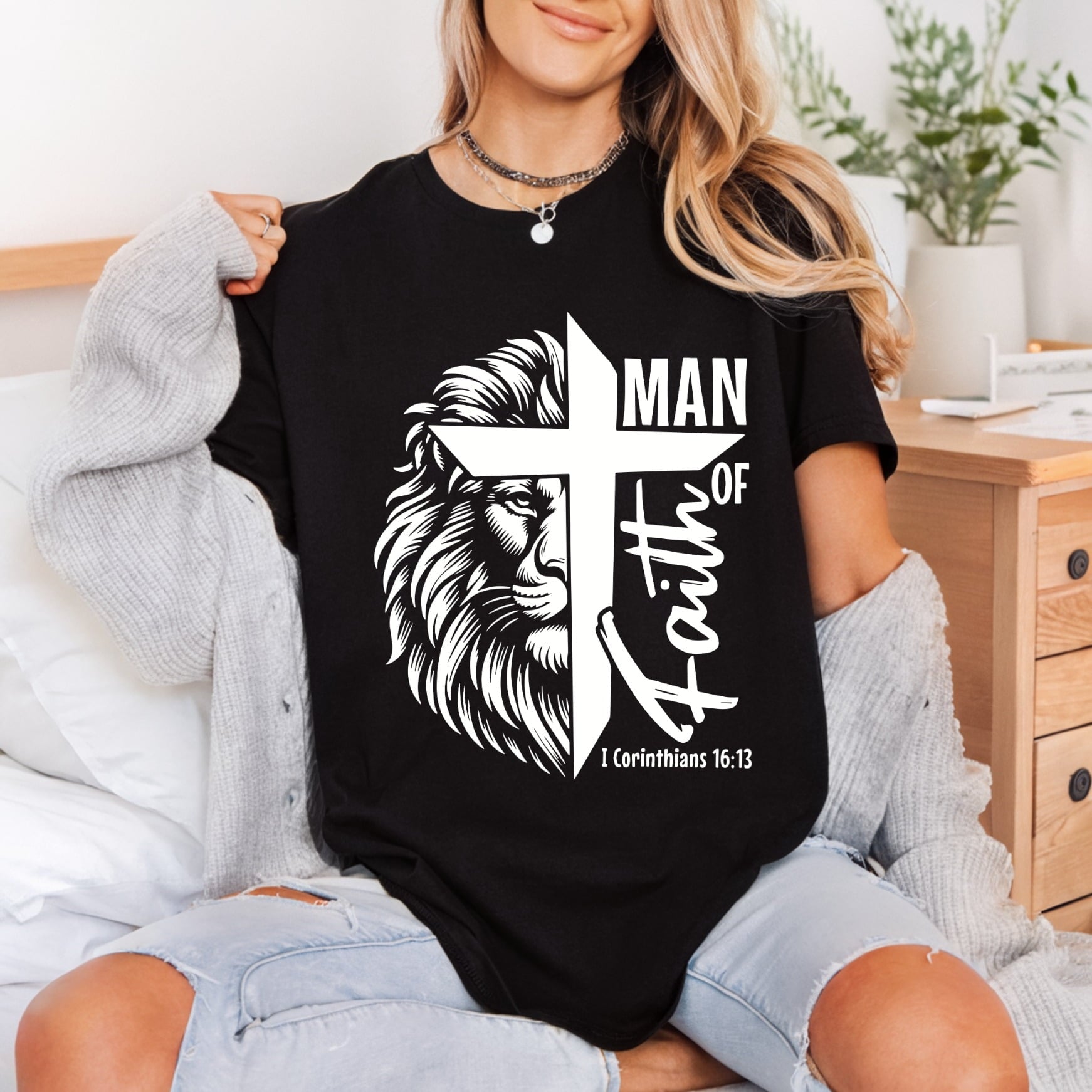 Man Faith Lion Cross Christian Faith Ready to Press DTF Transfer for Dtf