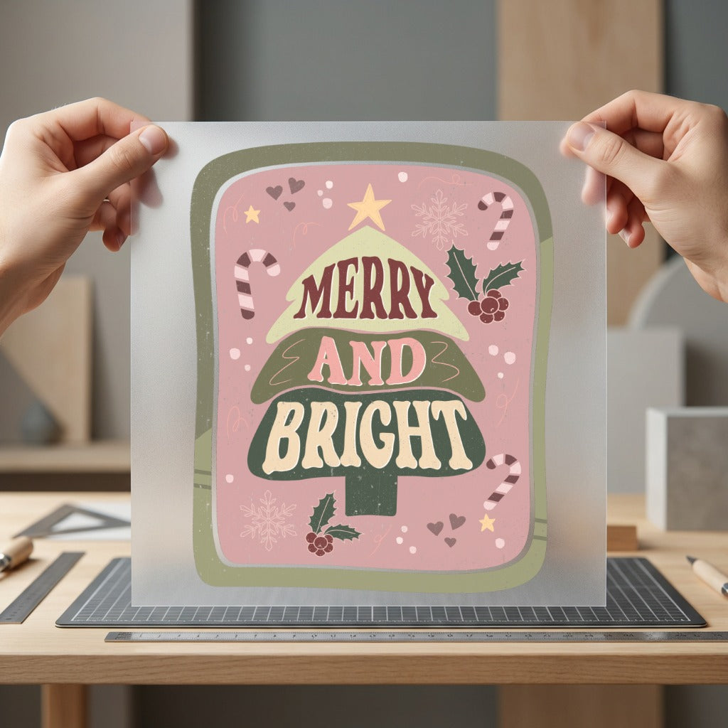 Merry Bright Christmas Tree Christmas Vintage Ready to Press DTF Transfer for Dtf